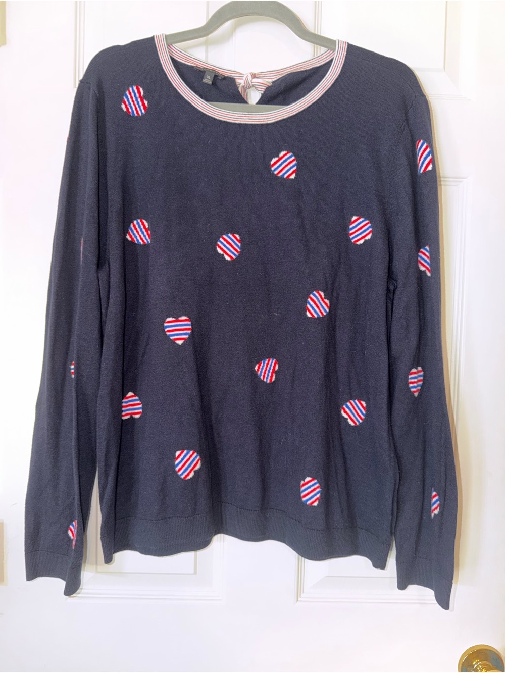 Talbots Navy Crewneck Sweater with Red & White Striped Heart Motifs